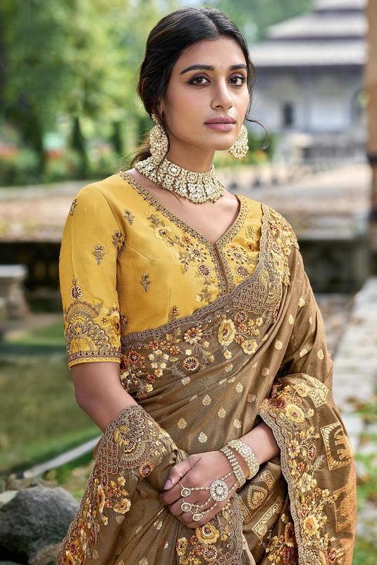 Radiant Brown Color Silk Saree With Heavy Embroidered Blouse