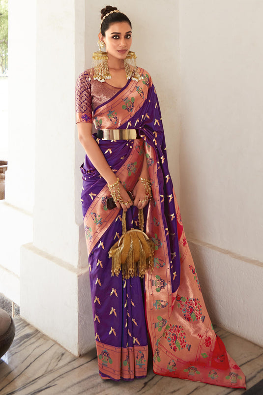 Tempting Art Silk Purple Color Weaving Work Saree