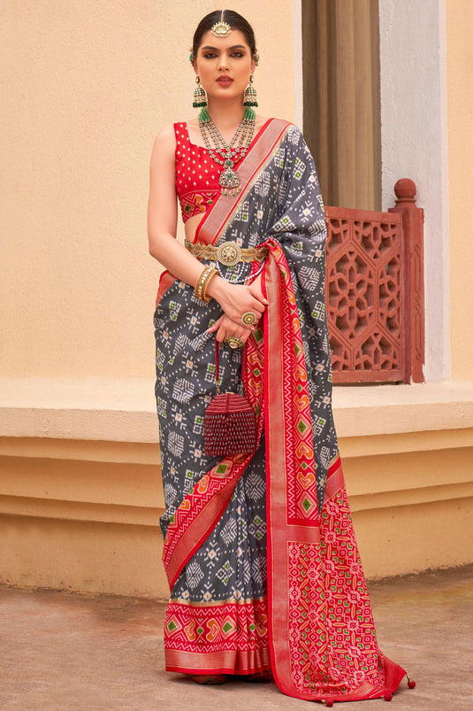 Adorable Grey Color Function Wear Patola Silk Design Printed Saree