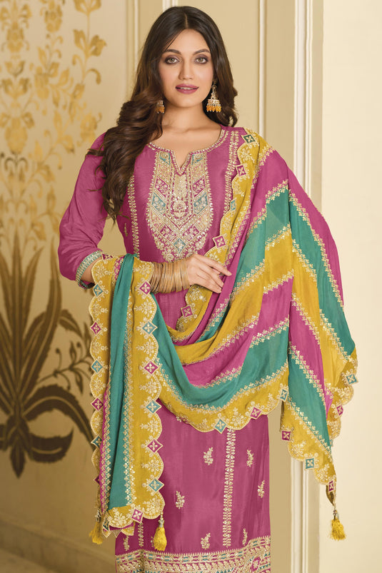 Embroidered Designer Salwar Kameez In Art Silk Fabric Pink Color