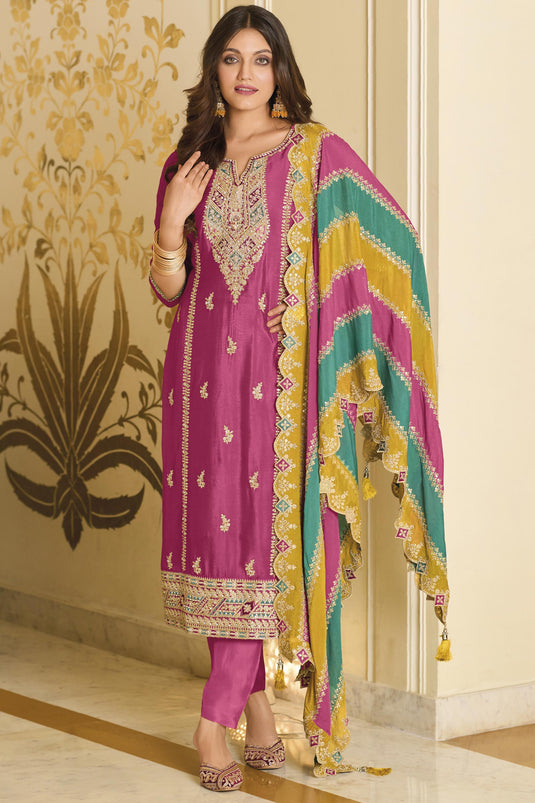 Embroidered Designer Salwar Kameez In Art Silk Fabric Pink Color