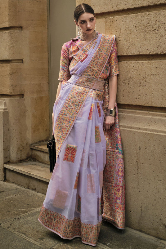 Lavender Color Glamorous Kashmiri Modal Handloom Weaving Silk Saree With Kashmiri Blouse