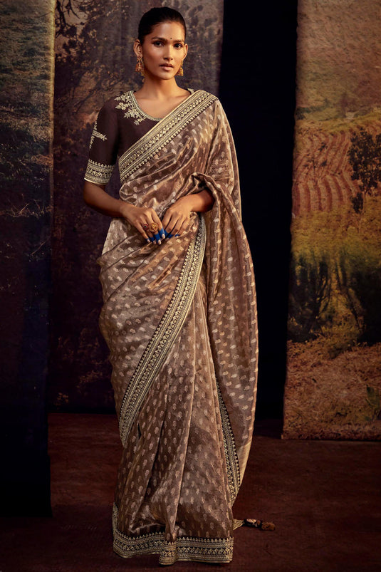 Traditional Look Brown Color Art Silk Fabric Fancy Work Saree