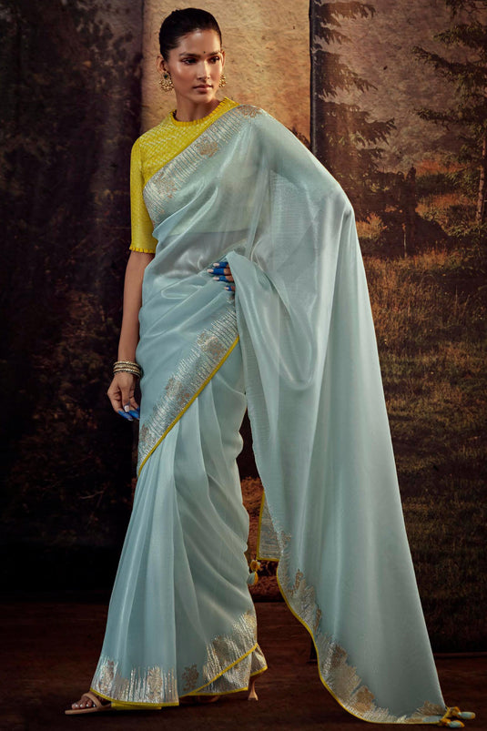 Smashing Light Cyan Color Fancy Work Art Silk Fabric Saree