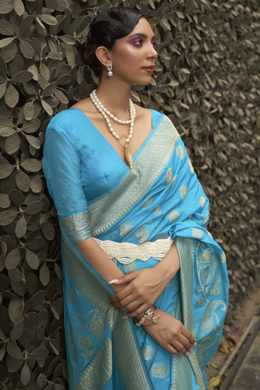Excellent Chinon Fabric Sky Blue Color Weaving Work Saree