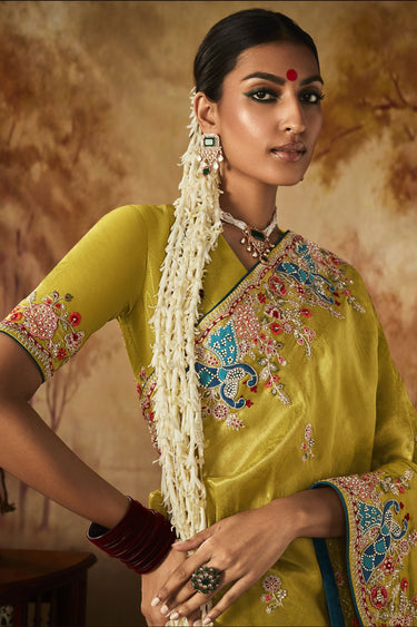 Yellow Color Brilliant Embroidery Work Banarasi Kanjivaram Saree