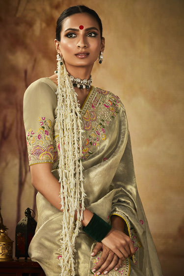 Blazing Beige Color Embroidery Work Banarasi Kanjivaram Saree