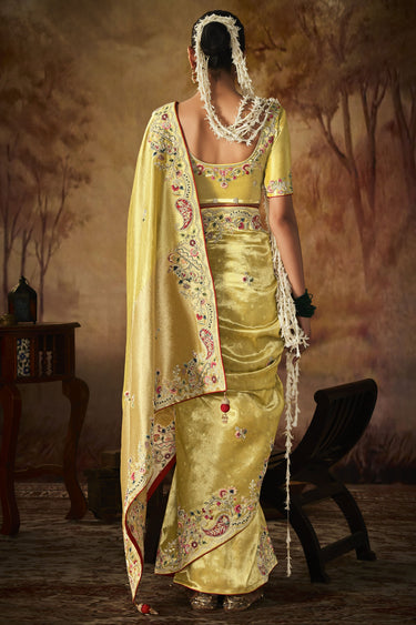 Yellow Color Exquisite Embroidery Work Banarasi Kanjivaram Saree
