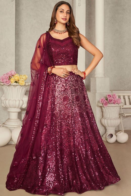 Maroon Net Lehenga Choli With Sequins Embroidery Work