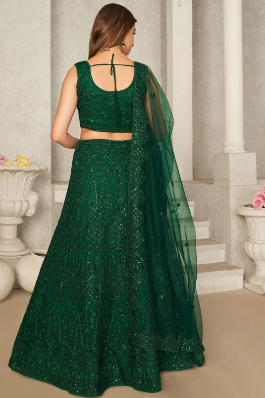 Dark Green Net Sequins Embroidered Wedding Wear Lehenga Choli