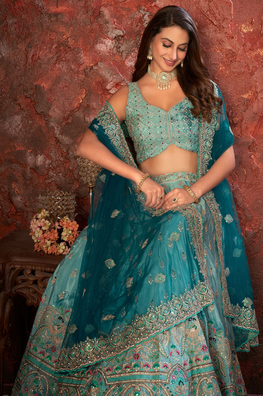 Coral Light Cyan Sequins Embroidered Crepe Wedding Lehenga Choli