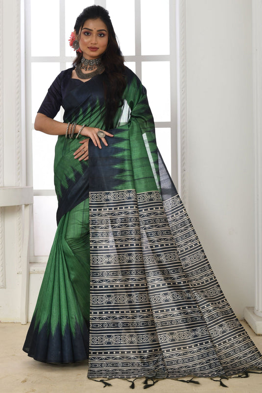 Printed Art Silk Fabric Daily Wear Dark Green Color Saree