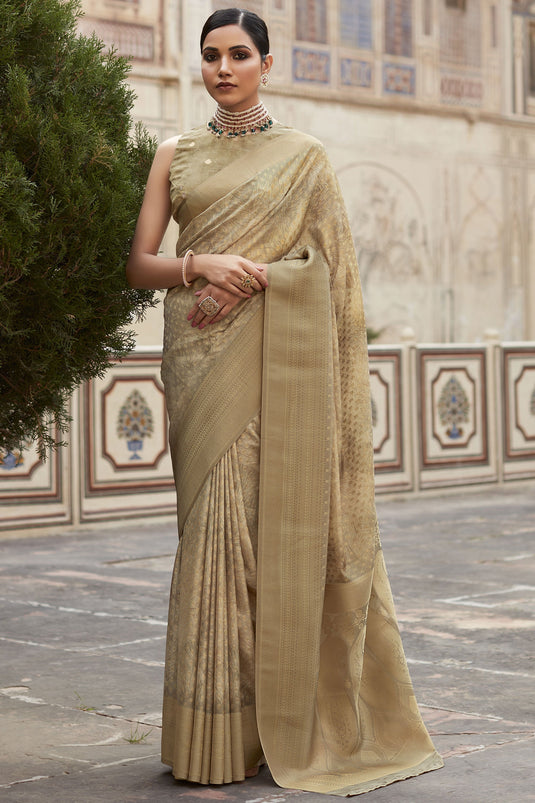 Beautiful Beige Color Printed Crepe Silk Saree