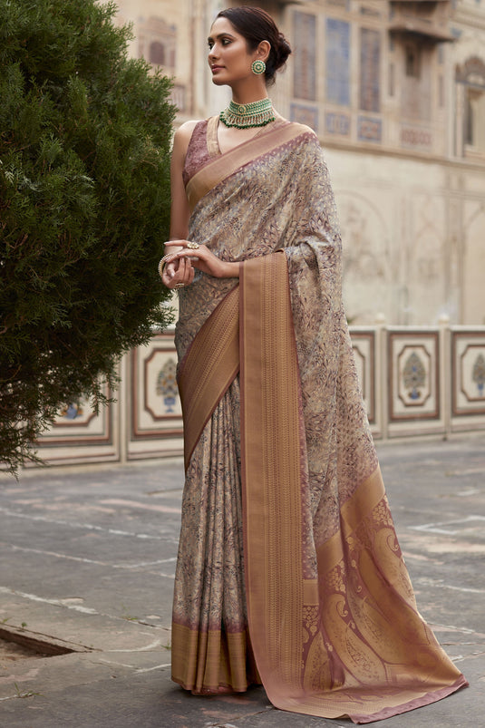 Excellent Crepe Silk Chikoo Color Printed Saree