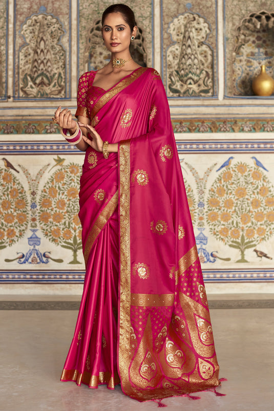 Elegant Rani Color Satin Silk Weaving Work Saree