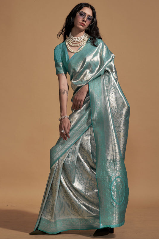 Appealing Weaving Work Art Silk Fabric Saree In Cyan Color