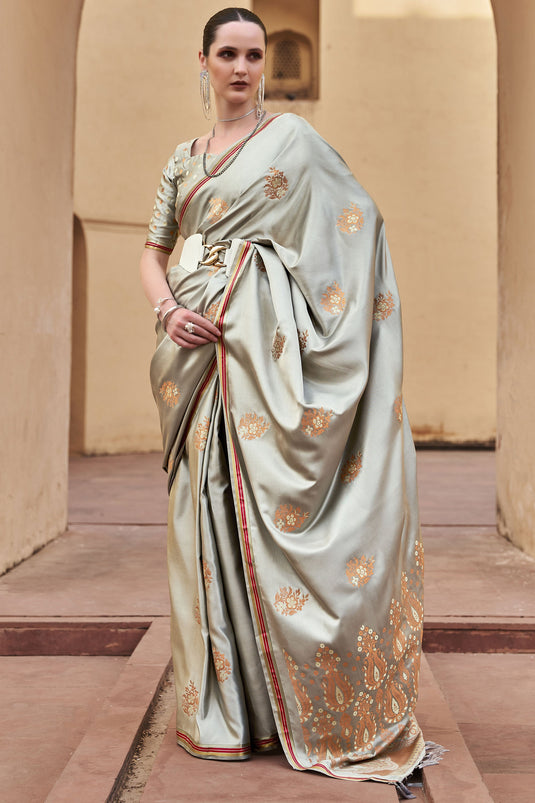 Satin Silk Fabric Weaving Work Glamorous Dark Beige Color Saree