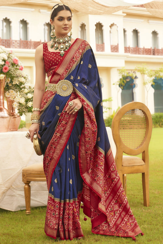 Navy Blue Traditional Patola Silk Printed Saree