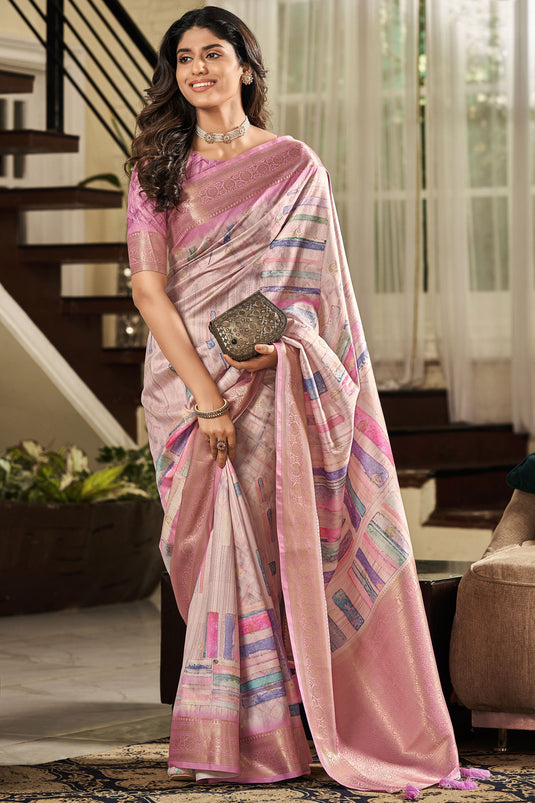 Pink Digital Print Wedding Look Saree In Handloom Silk Fabric