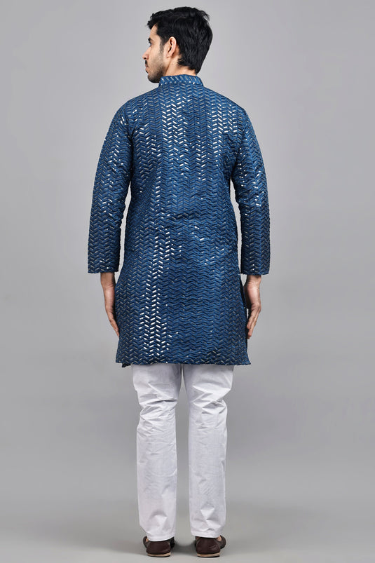 Blue Color Engaging Art Silk Fabric Festive Wear Readymade Kurta Pyjama For Men