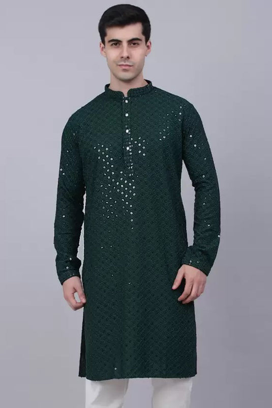 Reception Wear Green Color Rayon Fabric Attractive Readymade Kurta Pyjama For Men