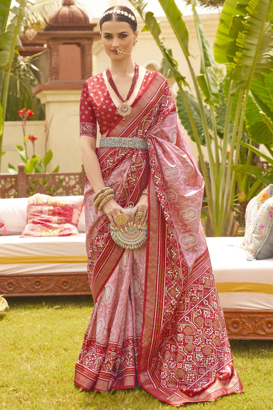 Pink Color Printed Patola Art Silk Fabric Party Wear Saree