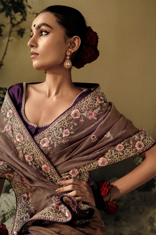 Purple Color Art Silk Fabric Festive Wear Embroidered Border Work Saree With Designer Blouse