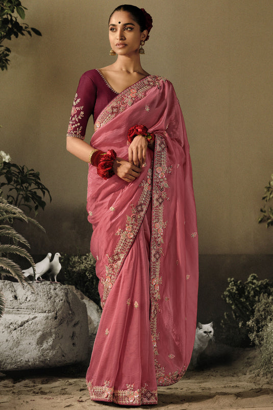 Pink Color Festive Wear Art Silk Fabric Trendy Embroidered Border Work Saree With Designer Blouse