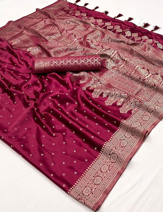 Satin Silk Fabric Weaving Work Saree In Wine Color