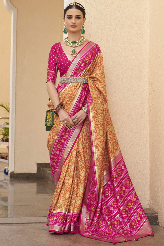 Peach Color Printed Patola Silk Function Wear Saree