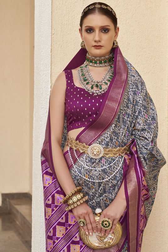 Patola Silk Printed Grey Color Saree