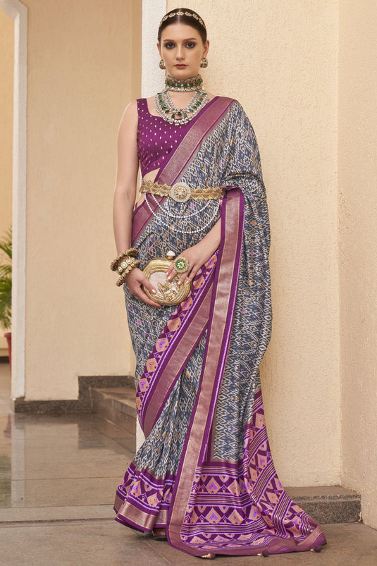 Patola Silk Printed Grey Color Saree