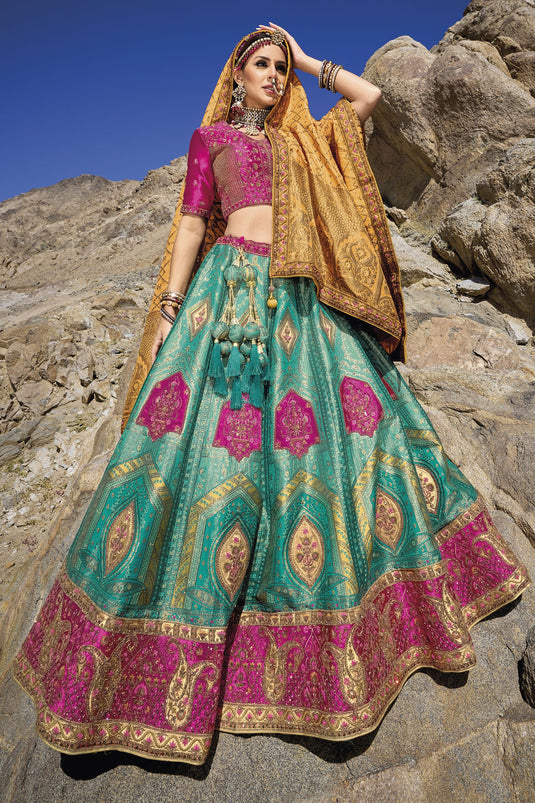 Multi Color Banarasi Silk Fabric Wedding Wear Jacquard Work Lehenga Choli