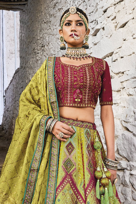 Jacquard Work Multi Color Wedding Wear Lehenga Choli In Banarasi Silk Fabric