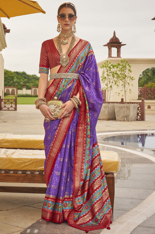 Lavender Color Printed Patola Silk Fabric Saree