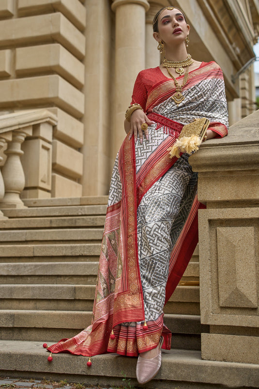 Adorable Grey Color Function Wear Art Silk Fabric Printed Design Saree