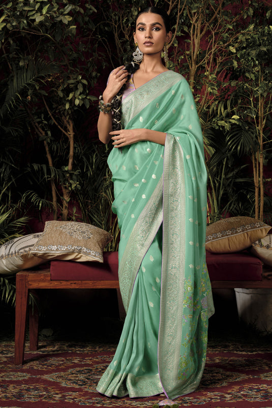 Function Wear Sea Green Color Weaving Work Saree In Viscose Silk Fabric