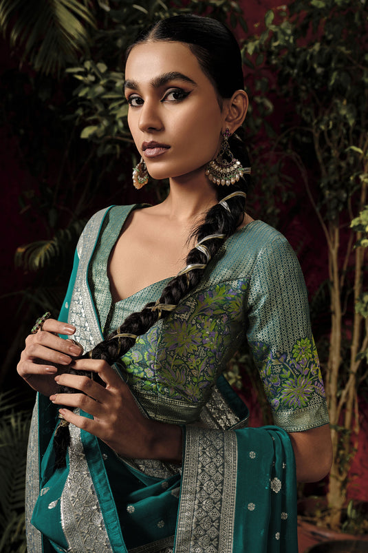 Weaving Designs On Viscose Silk Teal Color Function Wear Saree