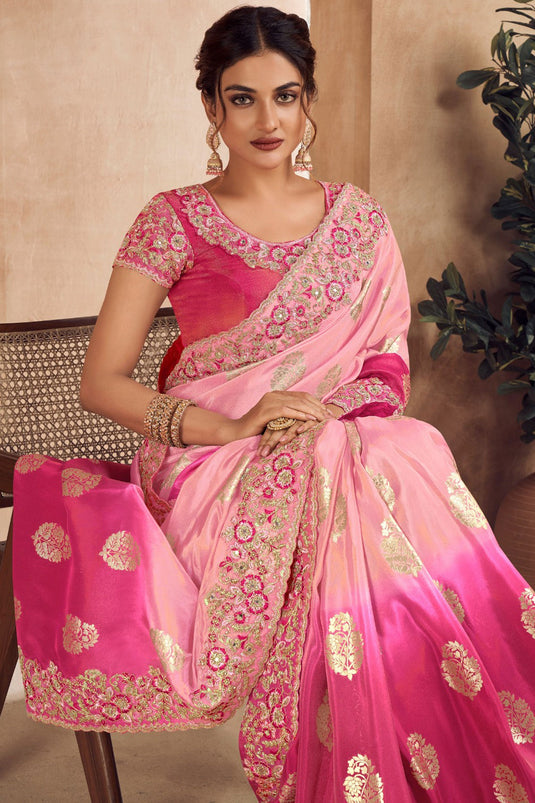 Awesome Embroidered Designs On Art Silk Fabric Saree In Pink Color