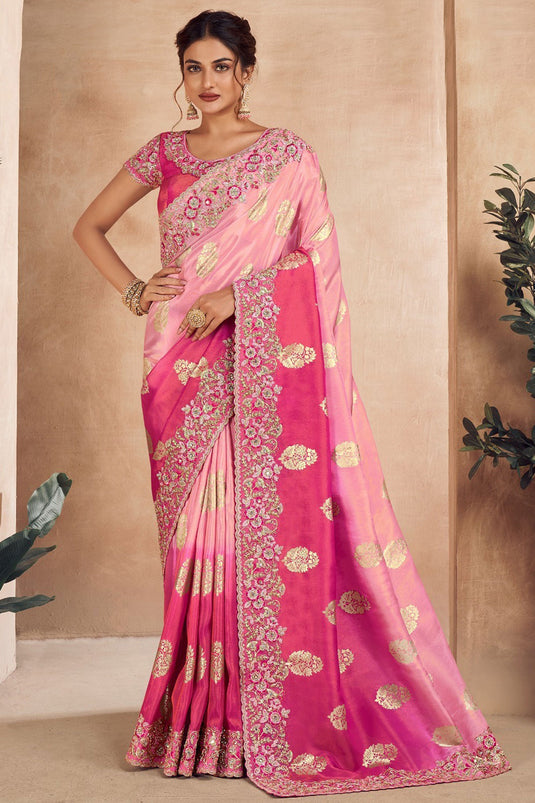 Awesome Embroidered Designs On Art Silk Fabric Saree In Pink Color