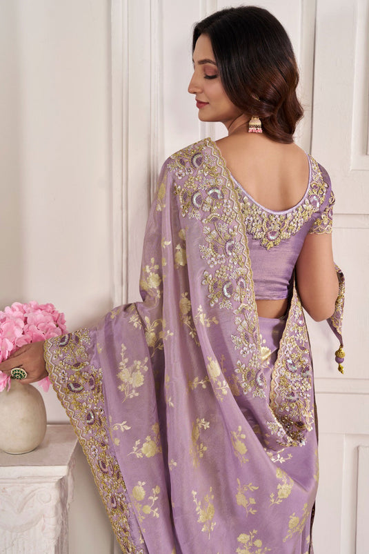 Embroidered Designs On Lavender Color Aristocratic Art Silk Fabric Saree