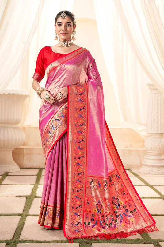 Function Wear Soothing Handloom Silk Saree In Pink Color