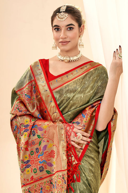 Olive Color Glorious Handloom Silk Saree In Function Wear