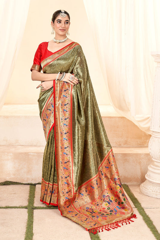 Olive Color Glorious Handloom Silk Saree In Function Wear