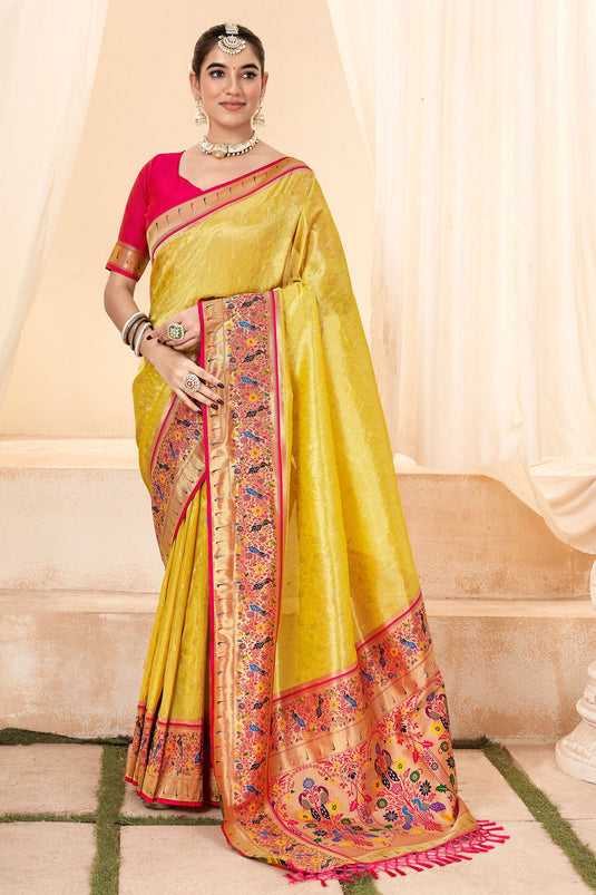 Alluring Yellow Color Function Wear Handloom Silk Saree