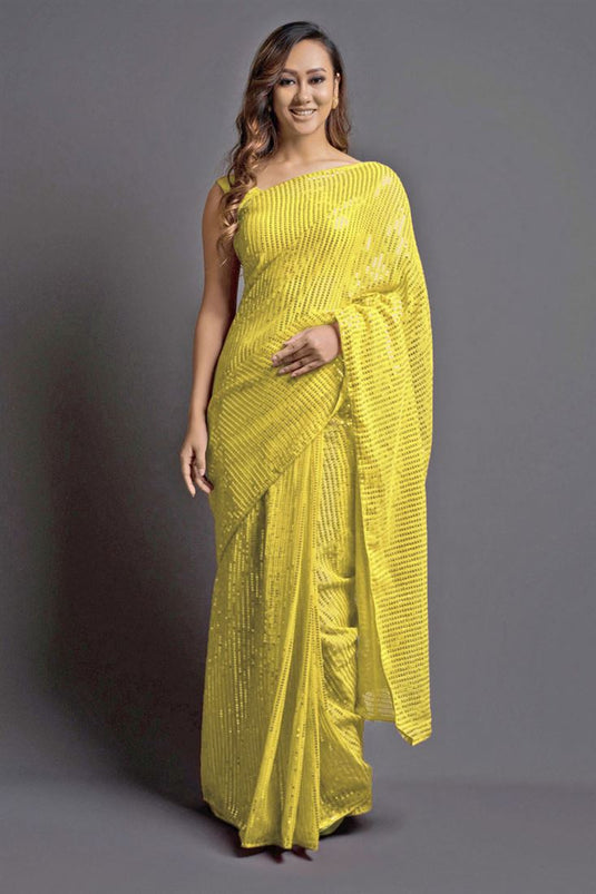 Tempting Georgette Fabric Yellow Color Party Wear Saree With Sequins Work