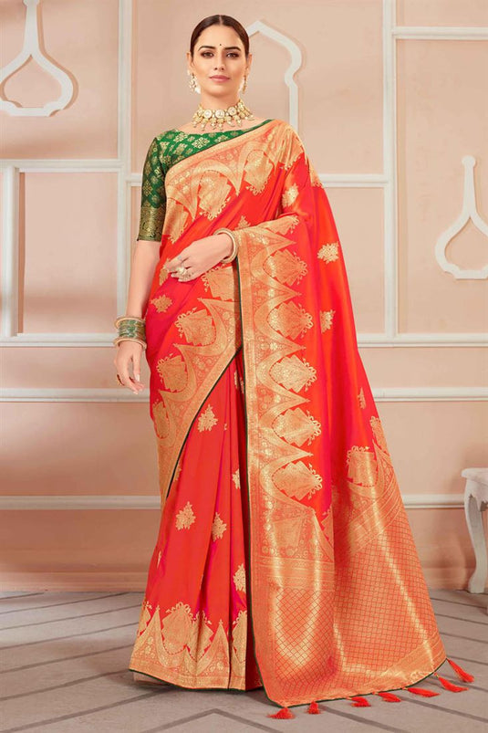 Elegant Weaving Work On Orange Color Festive Wear Banarasi Silk Saree