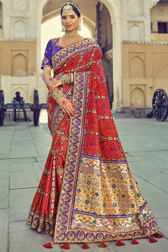 Engaging Border Work Sangeet Wear Red Patola Style Silk Saree