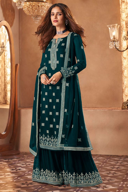 Georgette Fabric Festival Wear Beautiful Embroidered Work Palazzo Suit Featuring Vartika Singh In Teal Color