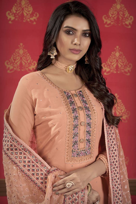 Orange Color Georgette Fabric Party Wear Sharara Suit With Embroidered Work